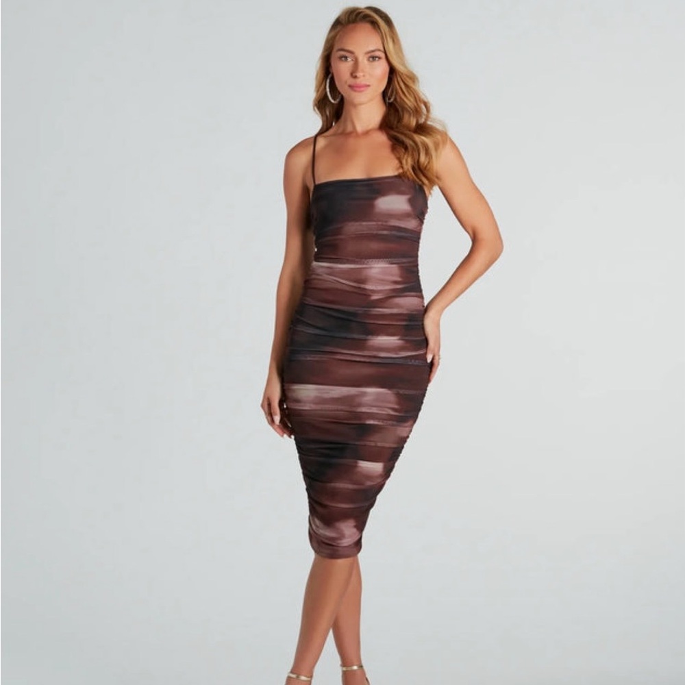 Windsor Brown Ruched Mesh Midi Dress